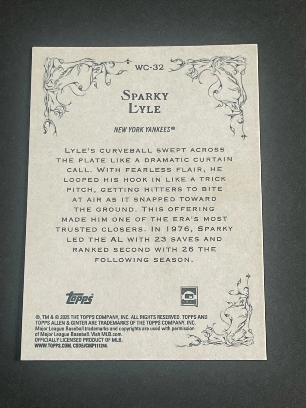 2025 Topps Allen & Ginter #WC-32 Sparky Lyle New York Yankees Wicked Curves Card